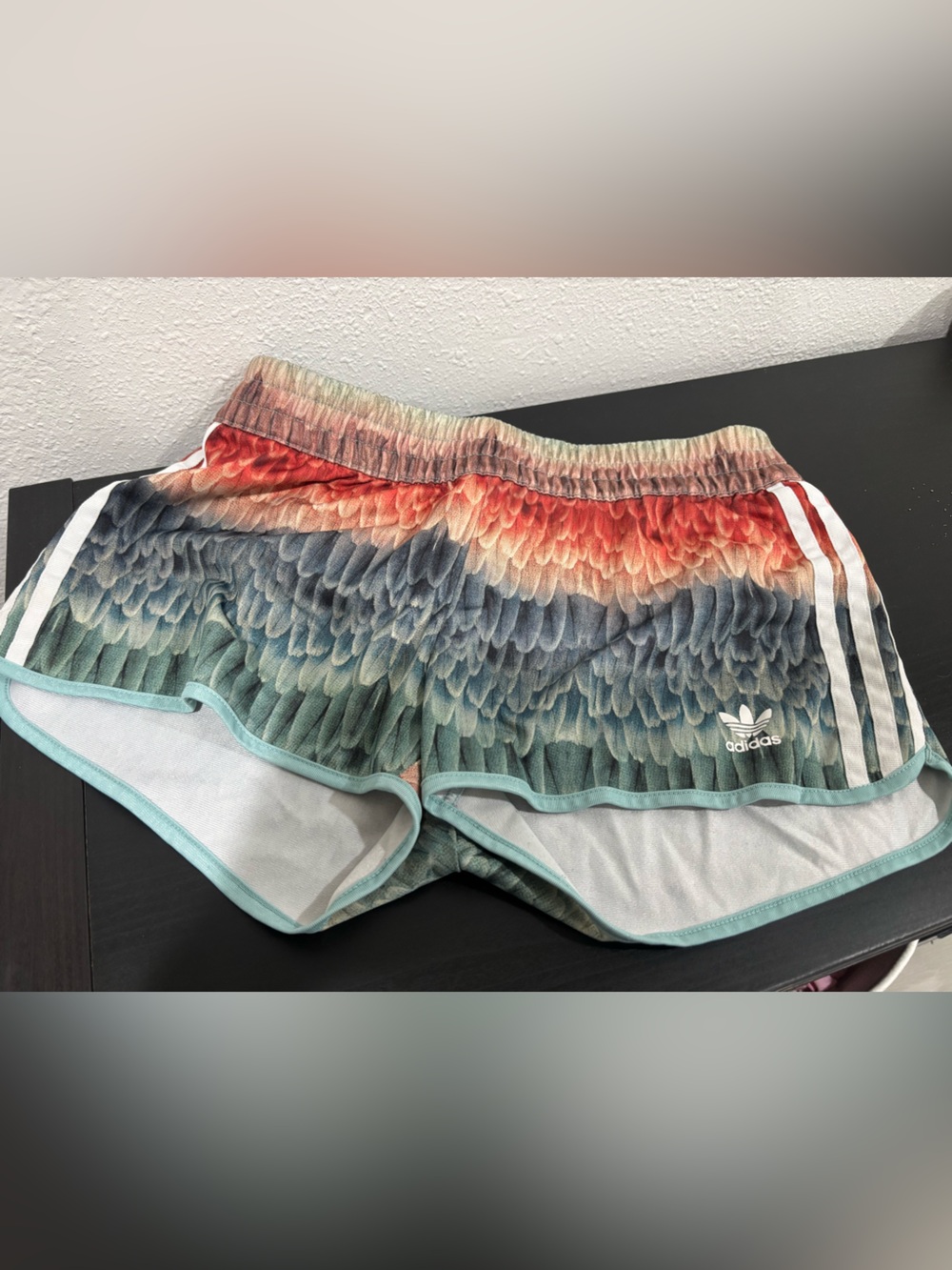 adidas Women’s Gradient Feather-Print Shorts in Teal and Coral